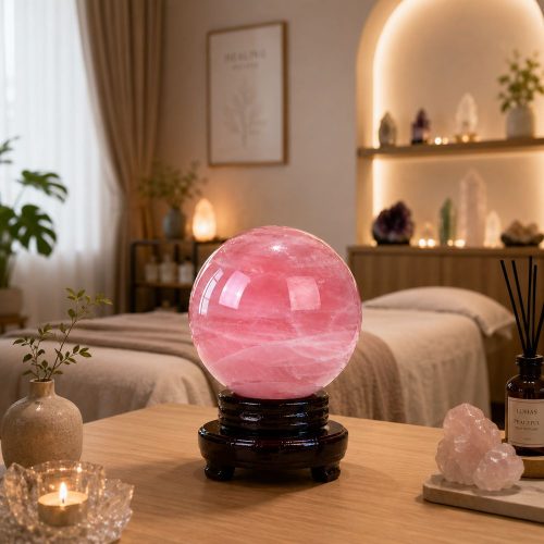 Natural Rose Quartz Crystal Sphere – Love, Harmony & Positive Energy Décor