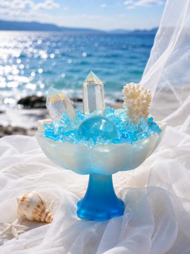 Natural Ocean Serenity Crystal Bowl | Clear Quartz & Aquamarine Decorative Sculpture