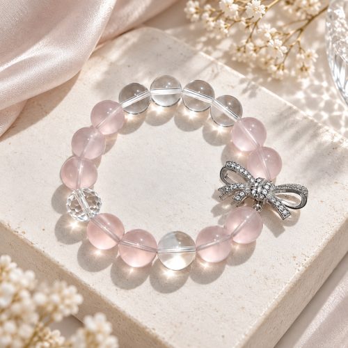 Clear Quartz & Rose Quartz Bow Bracelet Tie Your Light with Love
