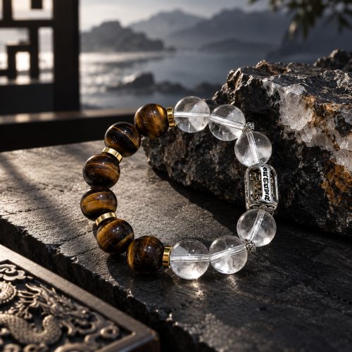 Golden Tiger Eye & Clear Quartz Vajra Bracelet Strength Within, Clarity Ahead