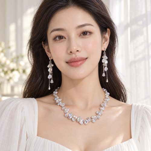 Product Title Iridescent Baroque Pearl Necklace & Long Tassel Earring Set
